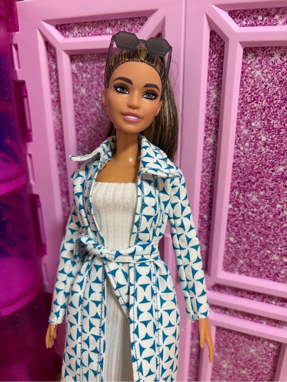 Barbie Fashion Doll Trench Coat with Knit Dress and Sunglasses - Blue White